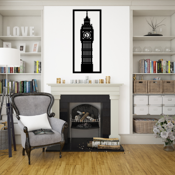 Installation sur un mur d'une décoration murale en métal finition noire, modèle Big Ben